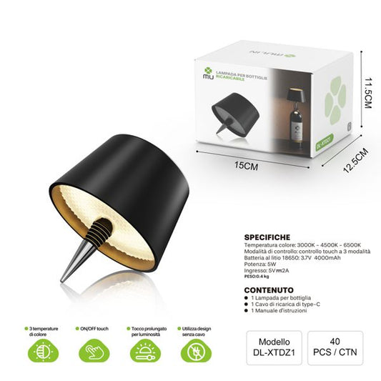 DL-XTDZ1 LAMPADA PER BOTTIGLIE RICARICABILE NERO