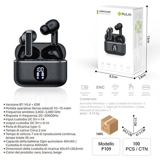 MU P109 NERO AURICOLARI STEREO WIRELESS