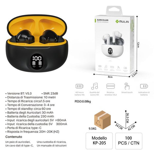 KP-205 AURICOLARI STEREO WIRELESS NERO