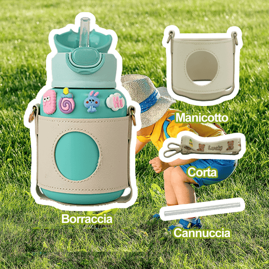 Borraccia Termica Thermos per Bambini in Acciaio Inox 500ML con Cannuccia e Tracolla