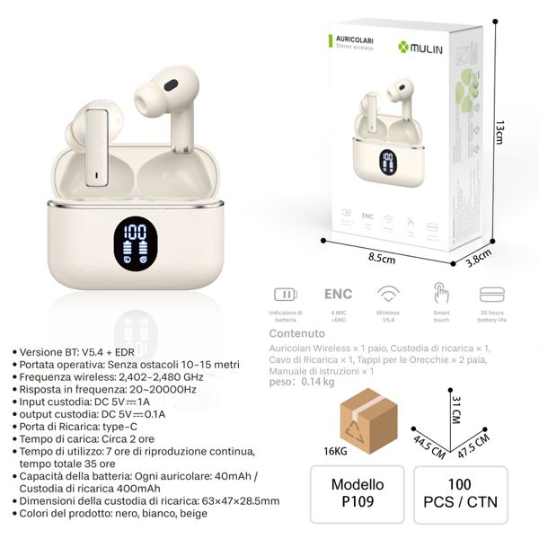 MU P109 BEIGE AURICOLARI STEREO WIRELESS