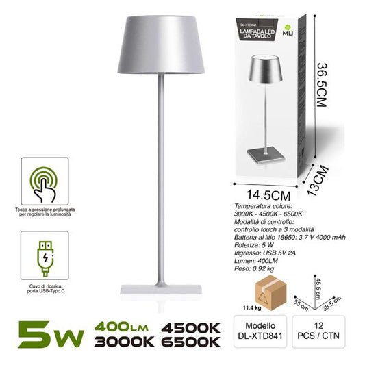 DL-XTD841 TOUCHLAMPADA IN FERRO ARGENTO  RICARICA USB