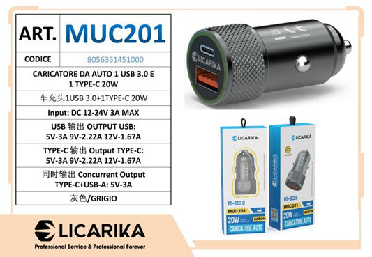 LICARIKA CARICATORE DA AUTO 1 USB 3.0 E 1 TYPE-C 20W