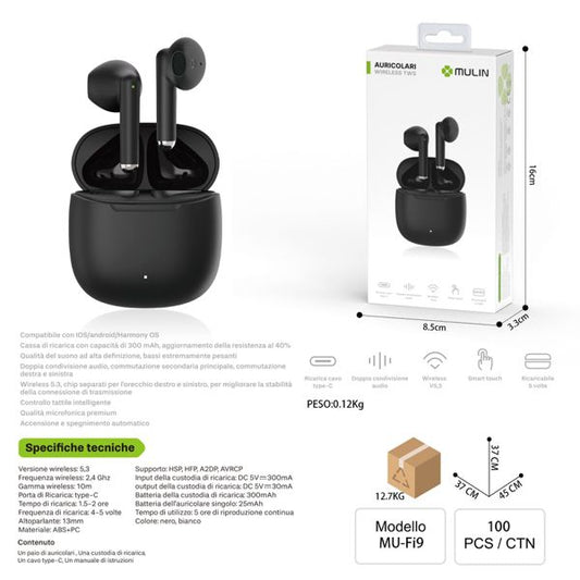 Fi9N AURICOLARI MINI STEREO WIRELESS NERO