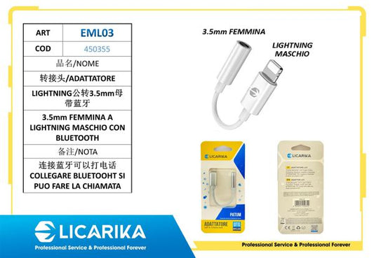 ADATTATORE 3.5MM FEMMINAALIGHTNING MASCHIO CON BLUETOOTH