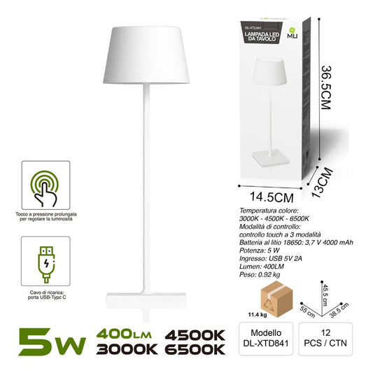 DL-XTD841 TOUCHLAMPADA IN FERRO BIANCO  RICARICA USB