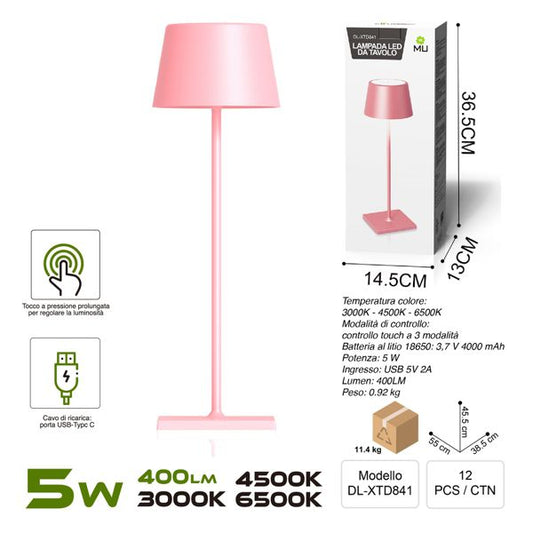 DL-XTD841 TOUCHLAMPADA IN FERRO ROSA  RICARICA USB