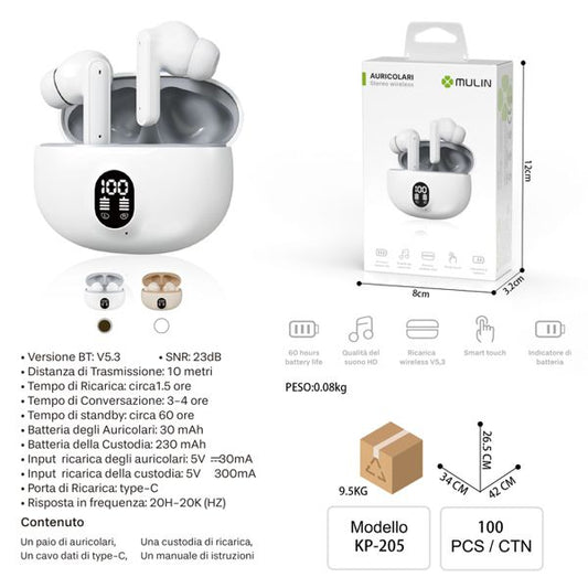 KP-205 AURICOLARI STEREO WIRELESS BIANCO