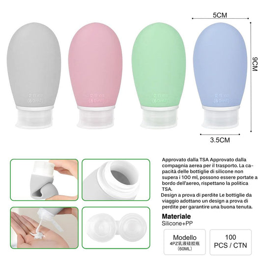 BOTTIGLIA DA VIAGGIO IN SILICONE 4PZ^60ML