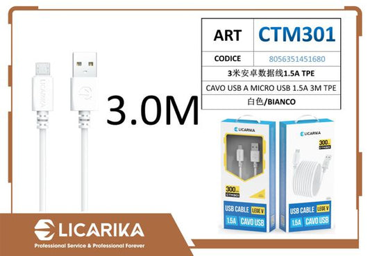 CAVO USB A MICRO USB 1.5A 3M TPE