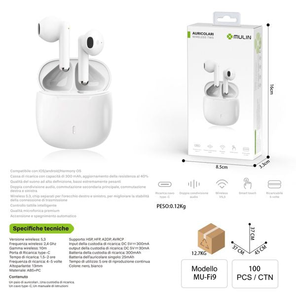 Fi9B AURICOLARI MINI STEREO WIRELESS BIANCO