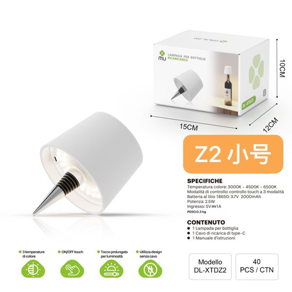 DL-XTDZ2 LAMPADA PER BOTTIGLIERICARICABILE BIANCO (PICCOLO)