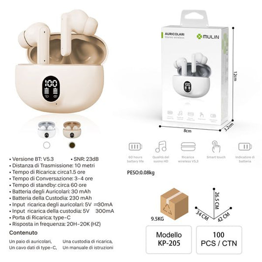 KP-205 AURICOLARI STEREO WIRELESS TORTORA