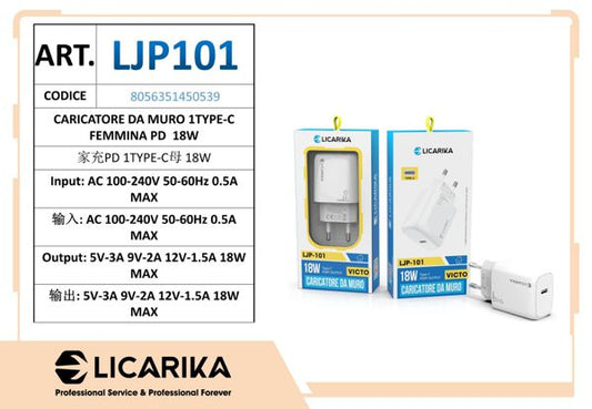 CARICATORE DA MURO 1TYPE-C FEMMINA PD 18W